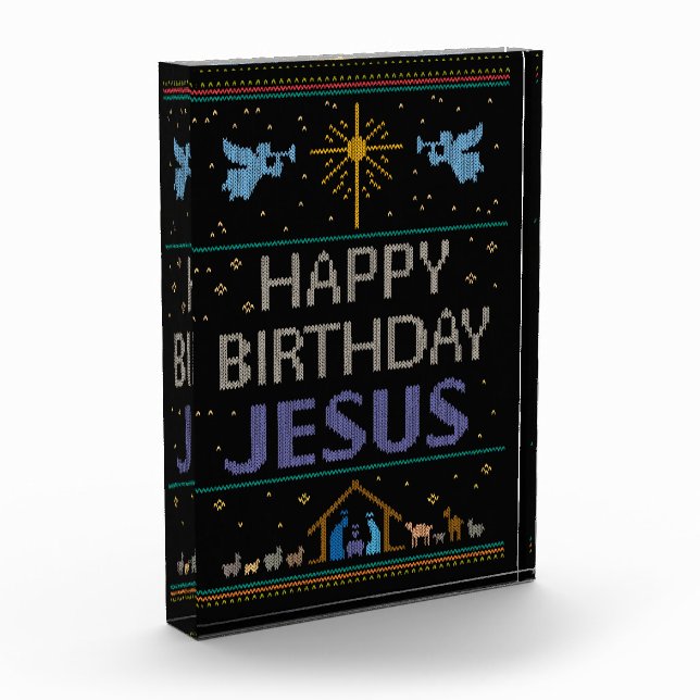 Ugly Sweater Happy Birthday Jesus Religious Purple Photo Block (Left)