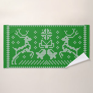 Ugly sweater jingle bells Christmas deers green  Bath Towel