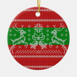 Ugly sweater jingle bells Xmas reindeers crochet Ceramic Ornament
