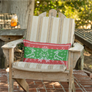 Ugly sweater jingle bells Xmas reindeers crochet Lumbar Cushion