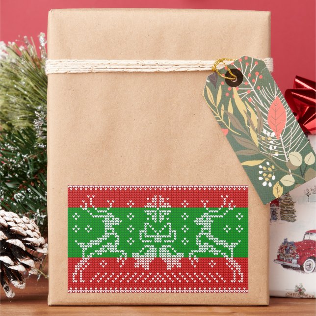 Ugly sweater jingle bells Xmas reindeers crochet Rectangular Sticker (Holiday)