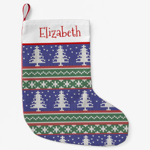 Ugly Sweater Knit Christmas Pattern Blue Small Christmas Stocking