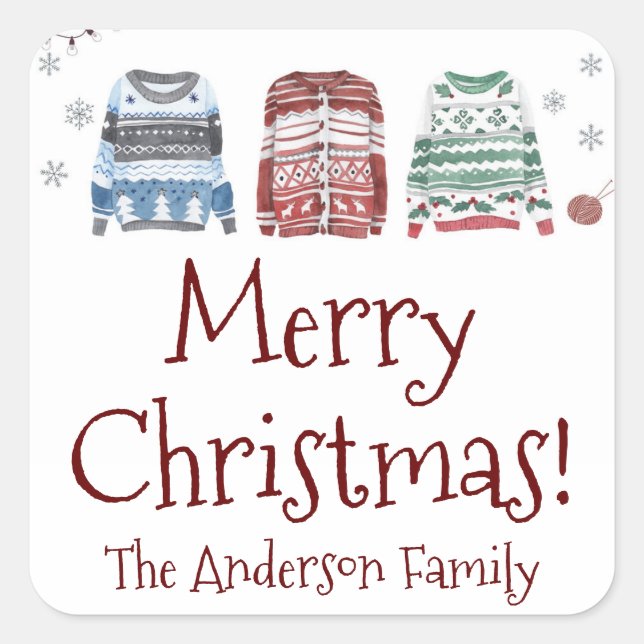 Ugly Sweater Merry Christmas with Name Square Sticker (Front)