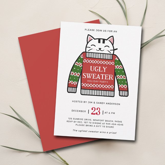 Ugly Sweater Modern Cat Drawing Christmas Party Invitation (christmas party invitation ugly sweater cute cat modern maximalist happy cheerful family office)