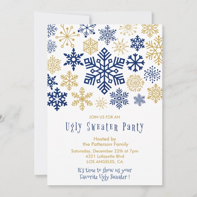Ugly sweater party invitation Elegant Snowflakes (Front)