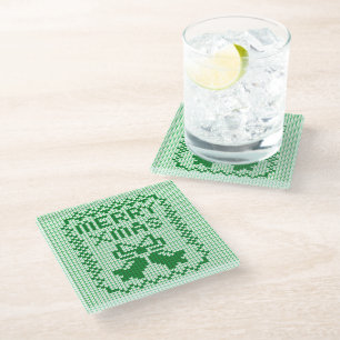 Ugly sweater pattern jingle bells and Merry Xmas w Glass Coaster