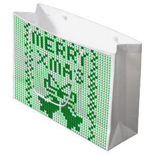 Ugly sweater pattern jingle bells and Merry Xmas w Large Gift Bag