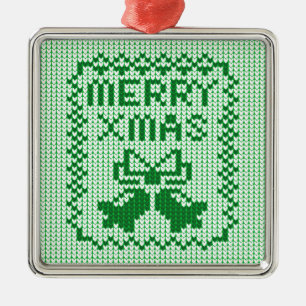 Ugly sweater pattern jingle bells and Merry Xmas w Metal Ornament