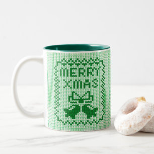 Ugly sweater pattern jingle bells and Merry Xmas w Two-Tone Coffee Mug