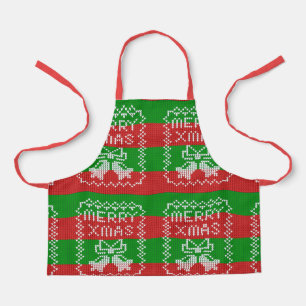 Ugly sweater pattern jingle bells Merry Xmas yarn Apron