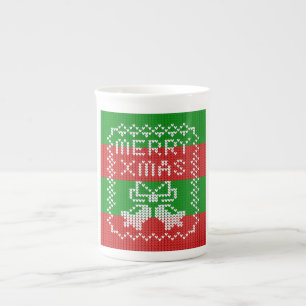 Ugly sweater pattern jingle bells Merry Xmas yarn Bone China Mug