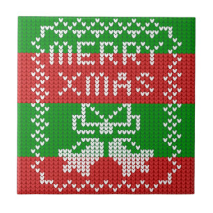 Ugly sweater pattern jingle bells Merry Xmas yarn Ceramic Tile