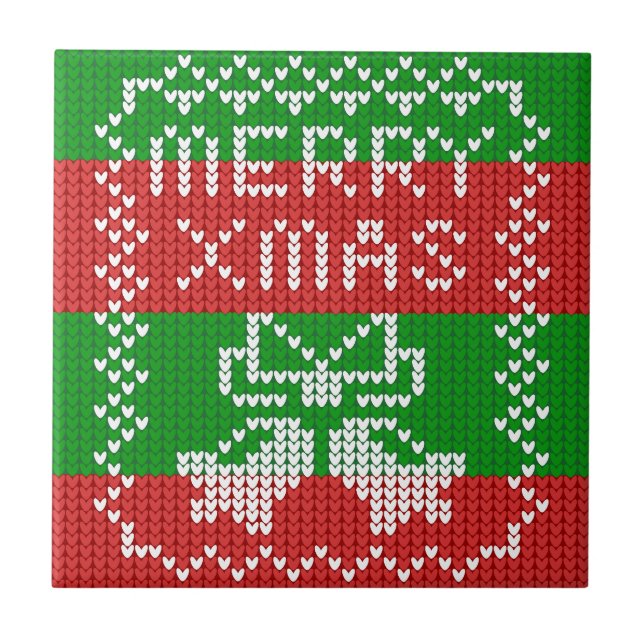 Ugly sweater pattern jingle bells Merry Xmas yarn Ceramic Tile (Front)