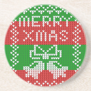 Ugly sweater pattern jingle bells Merry Xmas yarn Coaster