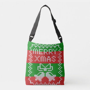 Ugly sweater pattern jingle bells Merry Xmas yarn Crossbody Bag