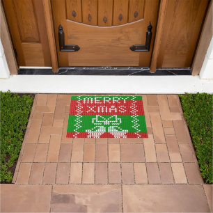 Ugly sweater pattern jingle bells Merry Xmas yarn Doormat