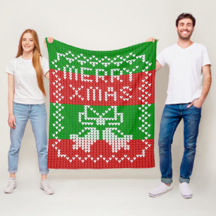 Ugly sweater pattern jingle bells Merry Xmas yarn Fleece Blanket