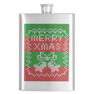 Ugly sweater pattern jingle bells Merry Xmas yarn Hip Flask