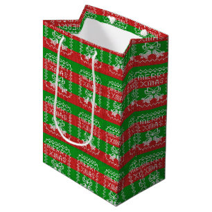 Ugly sweater pattern jingle bells Merry Xmas yarn Medium Gift Bag
