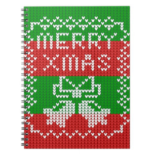 Ugly sweater pattern jingle bells Merry Xmas yarn Notebook