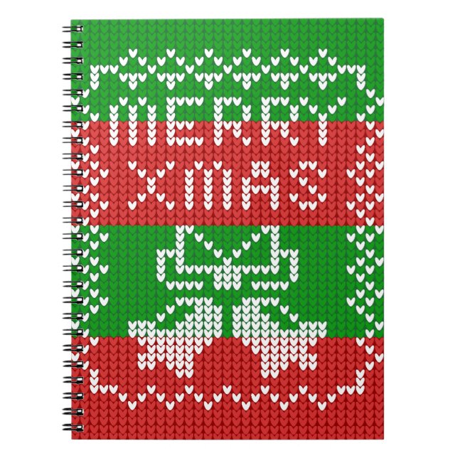 Ugly sweater pattern jingle bells Merry Xmas yarn Notebook (Front)