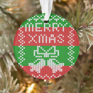Ugly sweater pattern jingle bells Merry Xmas yarn Ornament