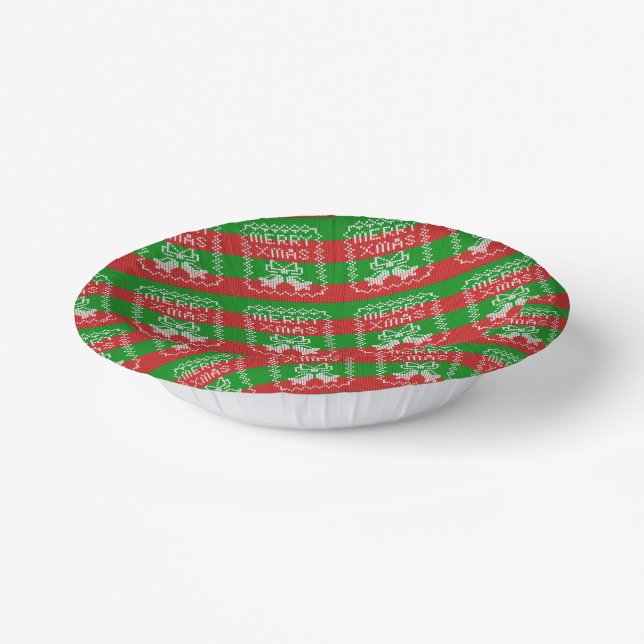 Ugly sweater pattern jingle bells Merry Xmas yarn Paper Plate (Angled)