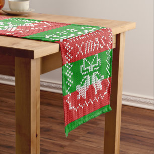 Ugly sweater pattern jingle bells Merry Xmas yarn Short Table Runner