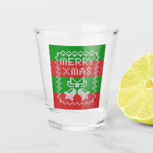 Ugly sweater pattern jingle bells Merry Xmas yarn Shot Glass