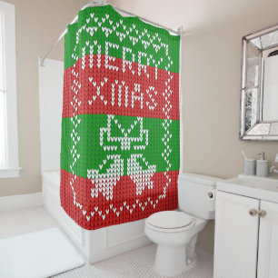 Ugly sweater pattern jingle bells Merry Xmas yarn Shower Curtain