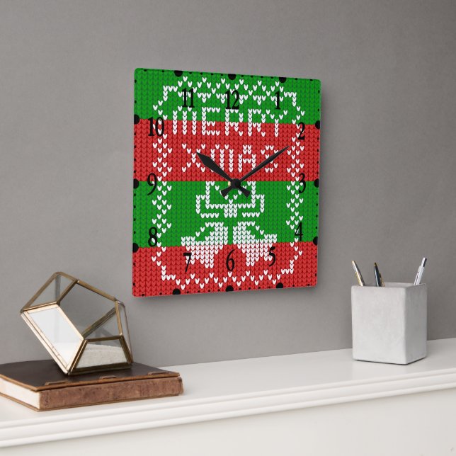 Ugly sweater pattern jingle bells Merry Xmas yarn Square Wall Clock (Office)