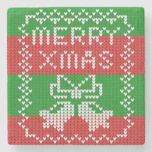 Ugly sweater pattern jingle bells Merry Xmas yarn Stone Coaster