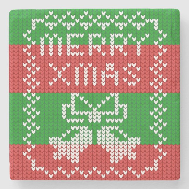 Ugly sweater pattern jingle bells Merry Xmas yarn Stone Coaster (Front)