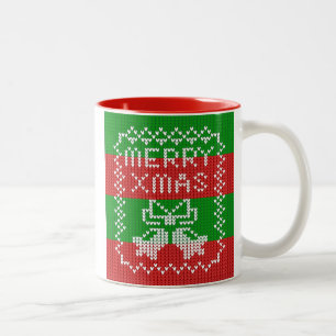 Ugly sweater pattern jingle bells Merry Xmas yarn Two-Tone Coffee Mug