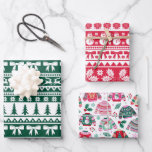 Ugly Sweater Pink, Red and Green Christmas  Wrapping Paper Sheet<br><div class="desc">This set features three ugly sweater Christmas patterns, two are faux knit designs in dark green, red and white with bows, Christmas trees, holly and berries and snowflakes, while the thrid design are cute hand illustrated ugly sweaters that have Santa, reindeer, Christmas trees, snowmen and more on a white background....</div>