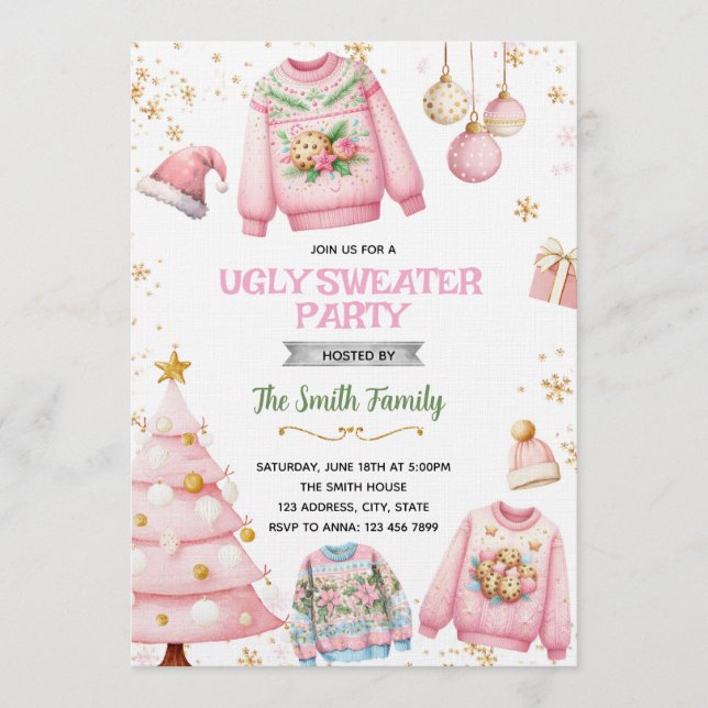 Ugly sweater pink theme invitation (Front)