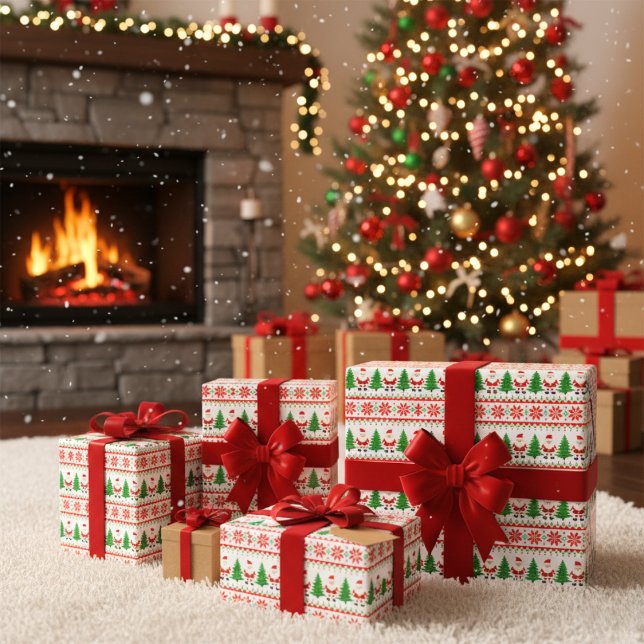 Ugly Sweater Pixelated Santa Festive Stripes  Wrapping Paper (Ugly Sweater Pixelated Santa Festive Stripes Wrapping Paper)