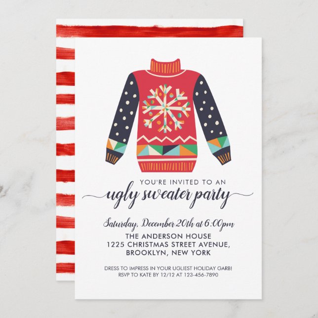 Ugly Sweater Red Snowflake Christmas Holiday Party Invitation (Front/Back)