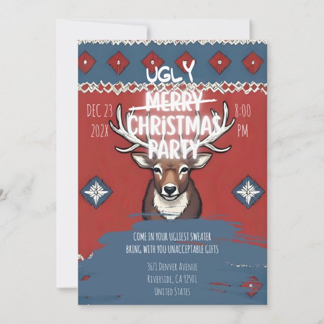 Ugly Sweater Reindeer Christmas Party Invitation (Front)
