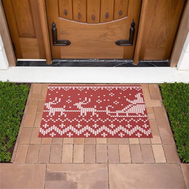 Ugly sweater Santa Claus sleigh and reindeers Doormat (Outdoor)