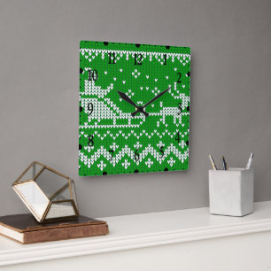 Ugly sweater Santa Claus sleigh and reindeers Square Wall Clock