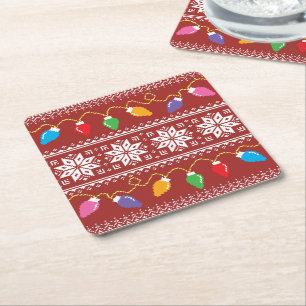 Ugly Sweater Snowflakes Christmas Lights Red Square Paper Coaster