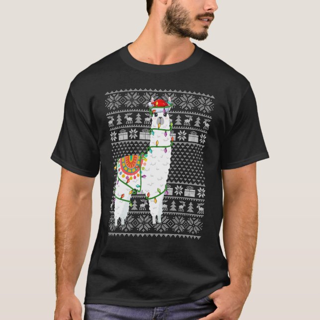 Ugly Sweater Style Xmas Lights Santa Alpaca Christ (Front)