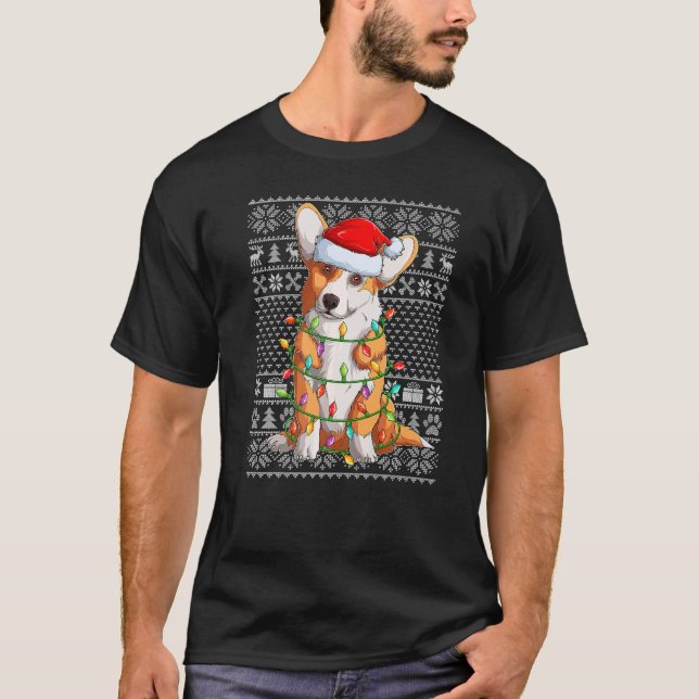 Ugly Sweater Style Xmas Lights Santa Corgi Dog Chr (Front)