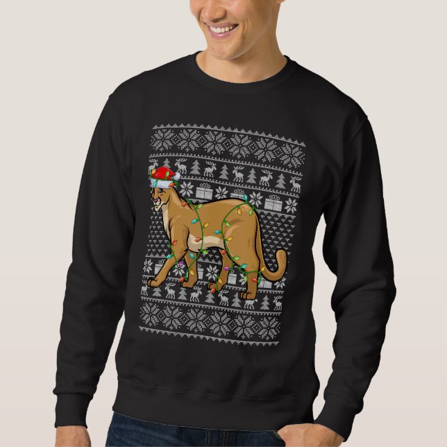Ugly Sweater Style Xmas Lights Santa Cougar Christ (Front)