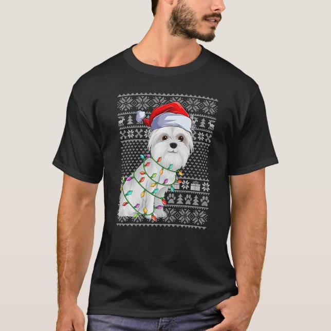 Ugly Sweater Style Xmas Lights Santa Maltese Dog C (Front)