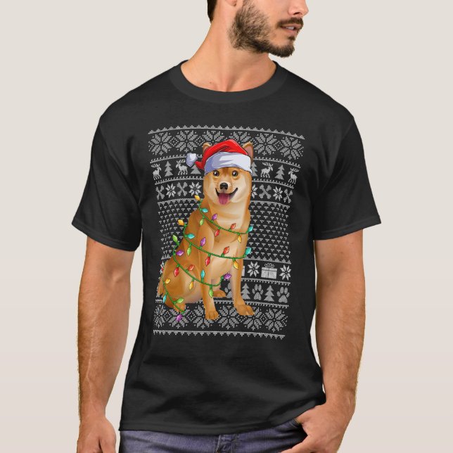 Ugly Sweater Style Xmas Lights Santa Shiba Inu Dog (Front)