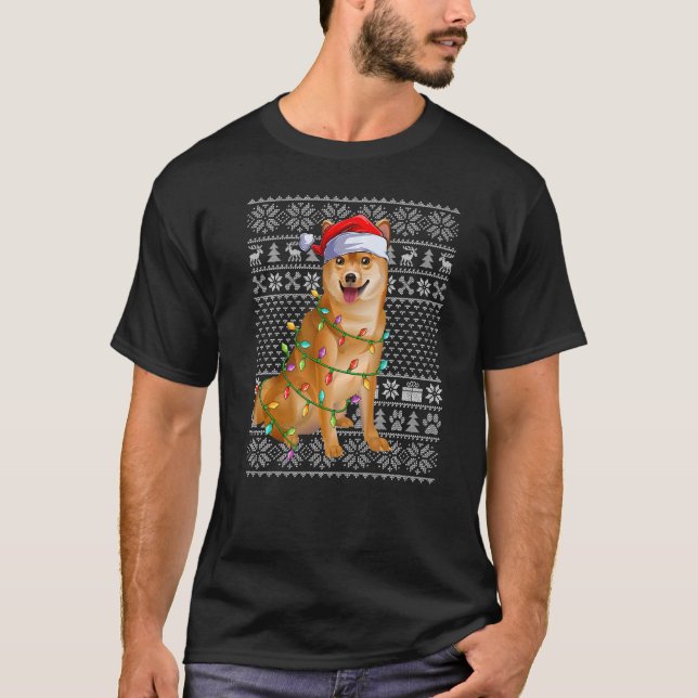 Ugly Sweater Style Xmas Lights Santa Shiba Inu Dog (Front)