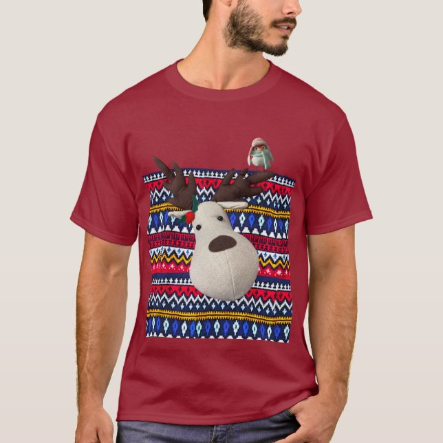 Ugly Sweater T-shirt Reindeer and bird funny party (Front)