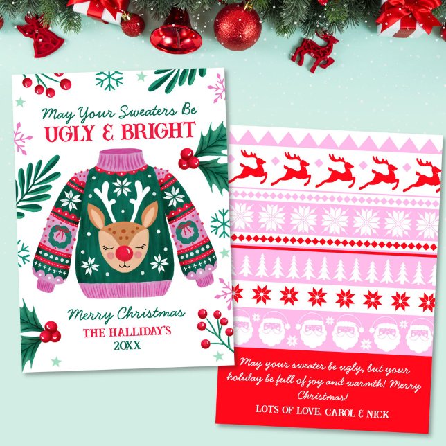 Ugly Sweater with Reindeer Red and Green Holiday Card (Ugly Sweater with Reindeer Red and Green Holiday Card)